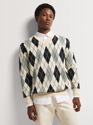 Men's Markham V-Neck Argyle Natural Knitwear