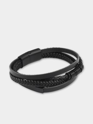 Men's Markham Leather Triple Bead Black Bracelet