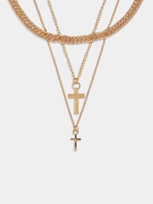 Men's Markham Double Cross Pendant Gold Necklace Set