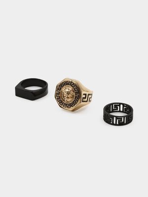 Men's Markham Aztec Lion Signet Gold/Black Ring Set