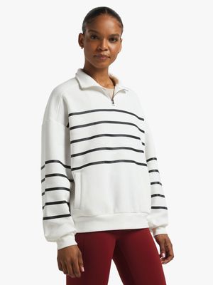 Womens TS Striped 1/4 Zip White Sweat