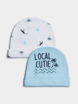 Jet Infant Boys Light Blue/White 2 Pack Tropical Palm Beanies