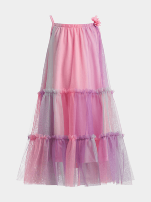 Younger Girl's Pink Rainbow Mesh Party Dress