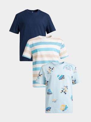 Older Boy's Blue & White Stripe 3-Pack T-Shirts