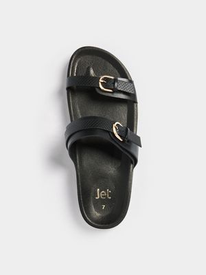 Jet Women's Black Double Buckle Slides