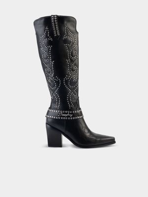 Women's Sissy Boy Black Stud Knee High Western Boots