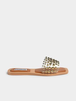 Women's Madison Nude Janine Studded Push In Flat Sandals