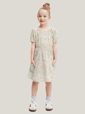 Cotton On Kids Girl Cream Rose Puff Sleeve Dress