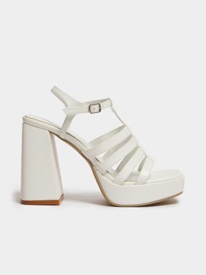 Women's White Caged Platform Heeled Sandals