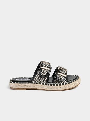 Women's Madison Black Loyalty Double Buckle Flat Espadrille Sandals