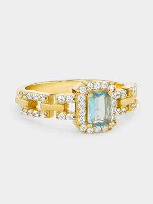 Gold Plated Sterling Silver Aquamarine Cubic Zirconia Chain Link Ring