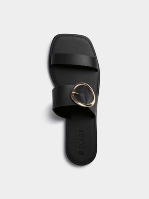 Women's Black Round Buckle Sandals