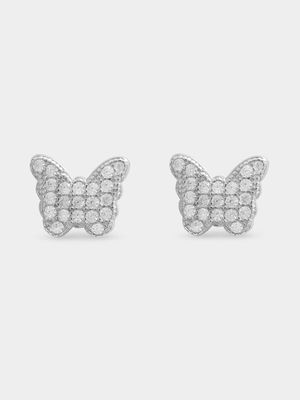 Sterling Silver CZ Pave Butterfly Studs