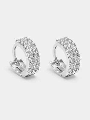 Rhodium plated Pavè Huggie with  CZ's Earrings