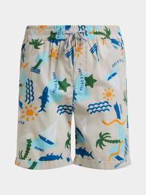 Older Boy's Natural Sea Print Shorts