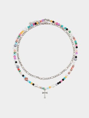 Men's Markham Multi Bead and Pearl Cross Multicolour Necklace Set