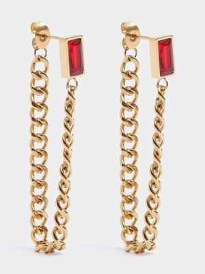 Stainless Steel 18ct Gold Plated Waterproof red emerald cut stud with chain