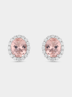 Sterling Silver Morganite & Cubic Zirconia Oval Halo Stud Earrings