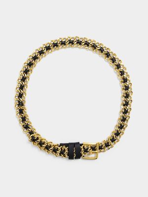 Black Faux Leather & Gold Chain Belt