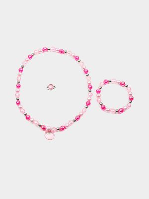 Girl's Pink Bead Necklace, Bracelet & Ring Set