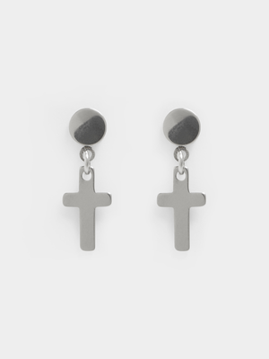 Stainless Steel Silver Screw Stud Earrings with Dangle Cross