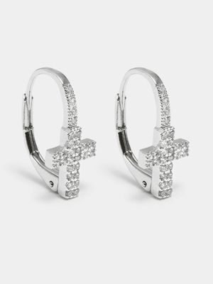 Rhodium plated Huggie earrings with cross