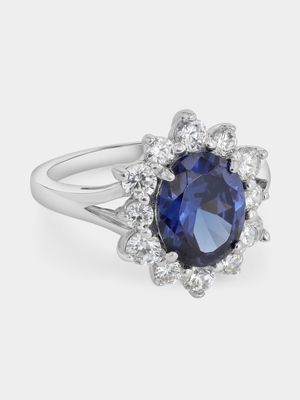 Sterling Silver Blue Cubic Zirconia Oval Halo Ring