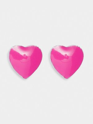 Rhodium Plated Brass & Pink Enamel Heart Stud Earr