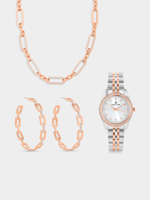 Daniel Klein Rose Plated Two-Tone Bracelet Watch & Jewellery Set