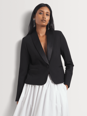 Satin Lapel Fitted Tuxedo Blazer