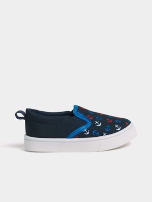 Jet Younger Boys Navy Anchor Slip On Sneakers