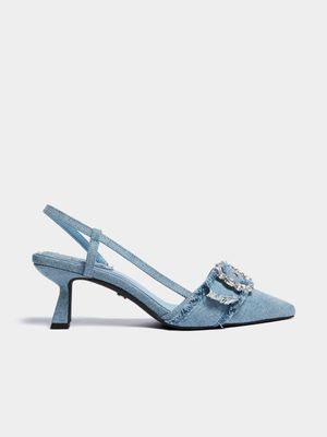 Luella Diamante Denim Sling Back Heels