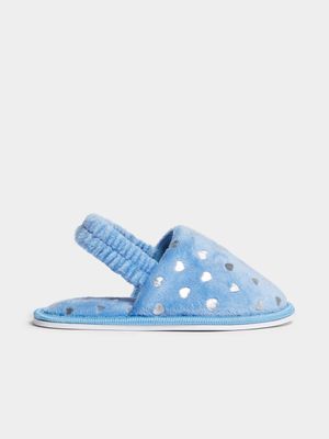 Jet Younger Girls Chambray Blue Heart Mule Slippers