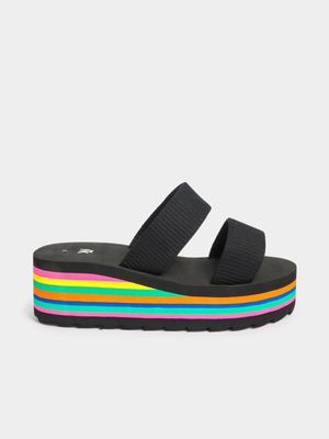 Jet Older Girls Black/Multicolour Double Strap Platform Mule Sandals