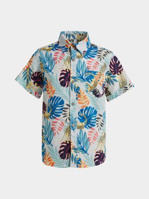 Older Boy's Blue Tropical Animal  Print Shirt