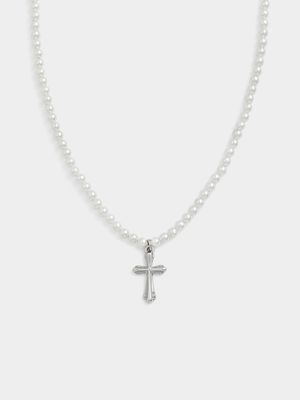 Silver Plated Cross Pearl Necklace