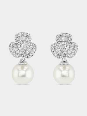 Cheté Sterling Silver Freshwater Pearl & Cubic Zirconia Flower Drop Earrings