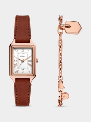 Fossil Raquel Rose Plated Brown Leather Watch & Bracelet Set