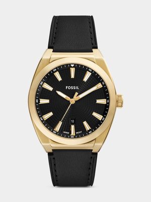 Fossil Everett Gold Plated Stainless Steel Black Leather Watch