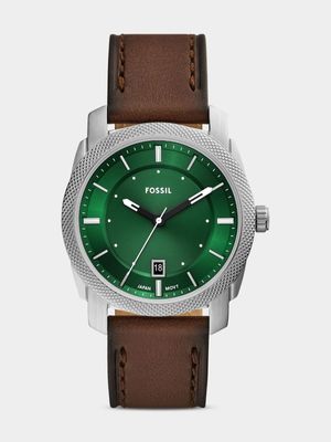 Fossil Machine Green Dial Stainless Steel Brown Leather Watch