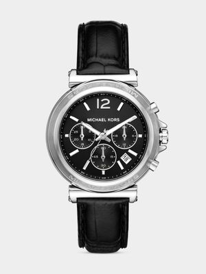 Michael Kors Maren Stainless Steel Black Leather Chronograph Watch