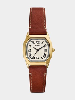 Fossil Harlowe Cream Dial Gold Plated Brown Leather Watch