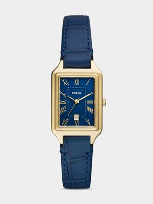 Fossil Raquel Gold Plated Stainless Steel Blue Leather Watch