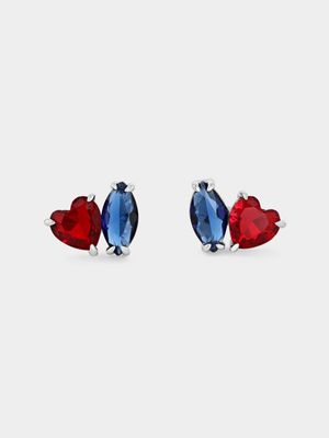 Sterling Silver Red & Blue Cubic Zirconia Two-Stone Stud Earrings