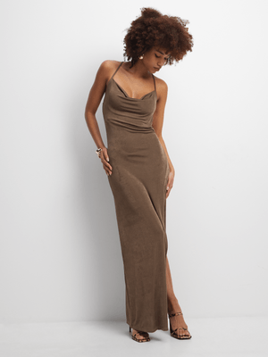 Women's Brown Cowl Neck Maxi Dress