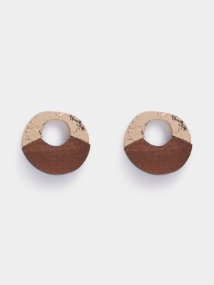 Wood-Metal Circle Drop Earrings