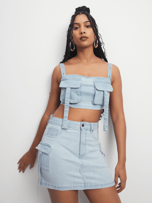 Women's Light Wash Cargo Denim Mini Skirt