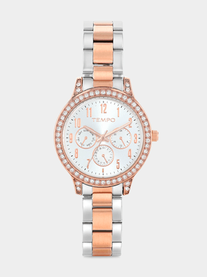 Tempo Rose Plated Silver Toned Dial Two-Tone Bracelet Watch