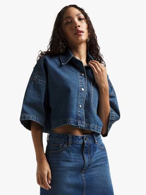 Women's Dark Wash Oversized Cropped Denim Shirt