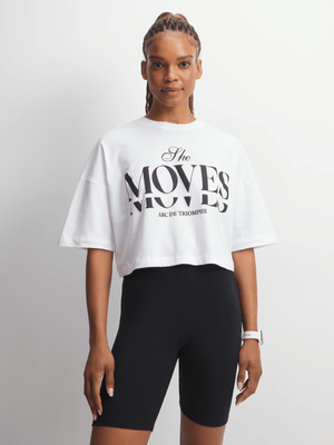 Womens TS She Moves Graphic White Cropped Tee